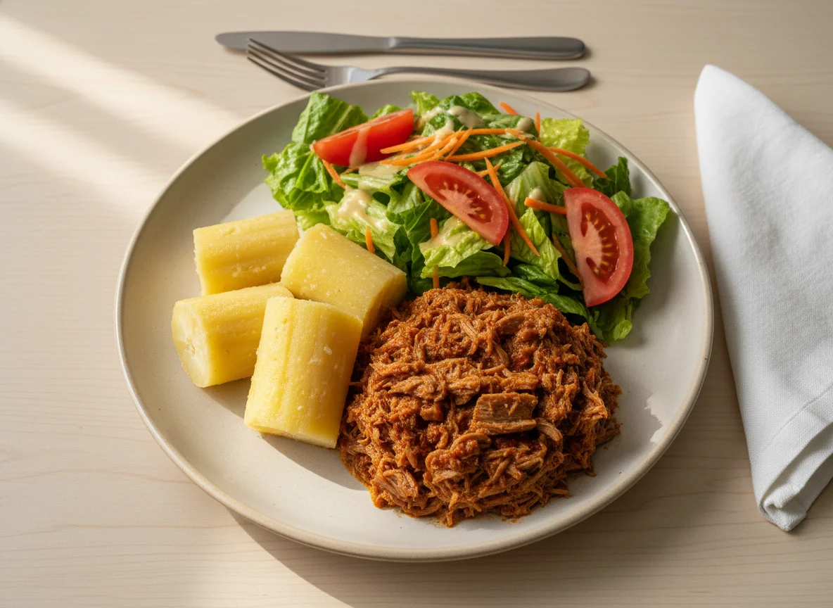 Carne desmechada con yuca y ensalada photo