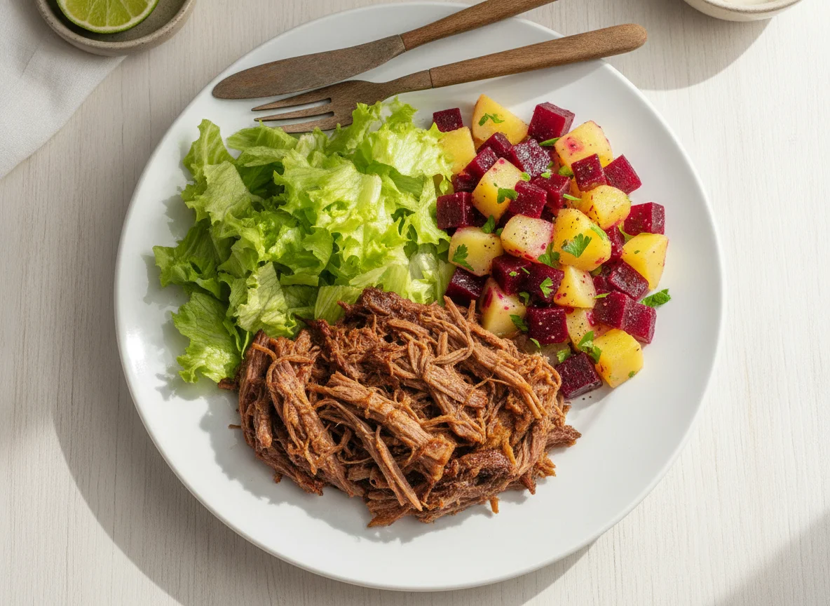 Carne desmenuzada con ensalada de lechuga y betarraga photo