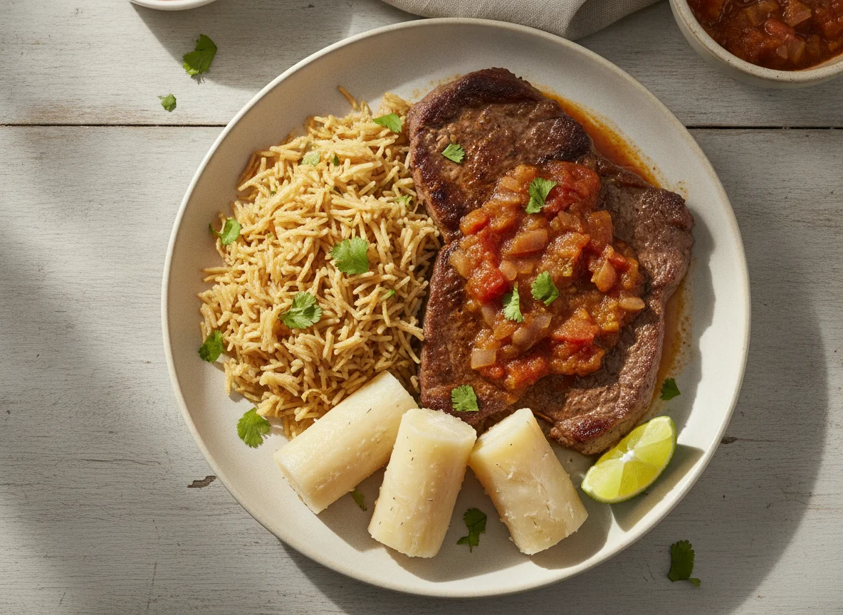 Carne en bistec con arroz de fideos y yuca photo
