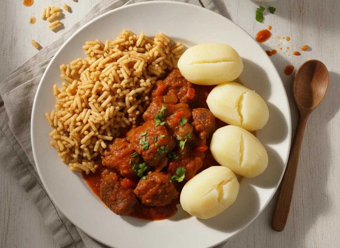Carne en posta con arroz de fideo y papa cocida photo