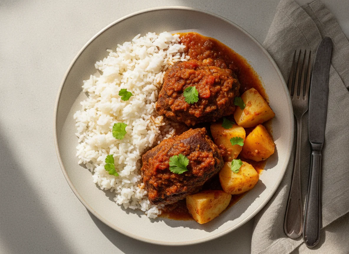 Carne en posta con arroz y papa photo