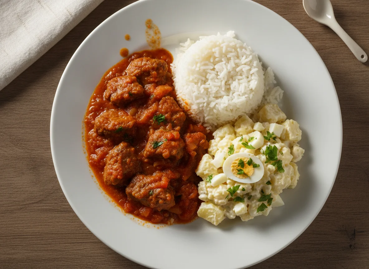 Carne en salsa con arroz y ensalada de papa photo