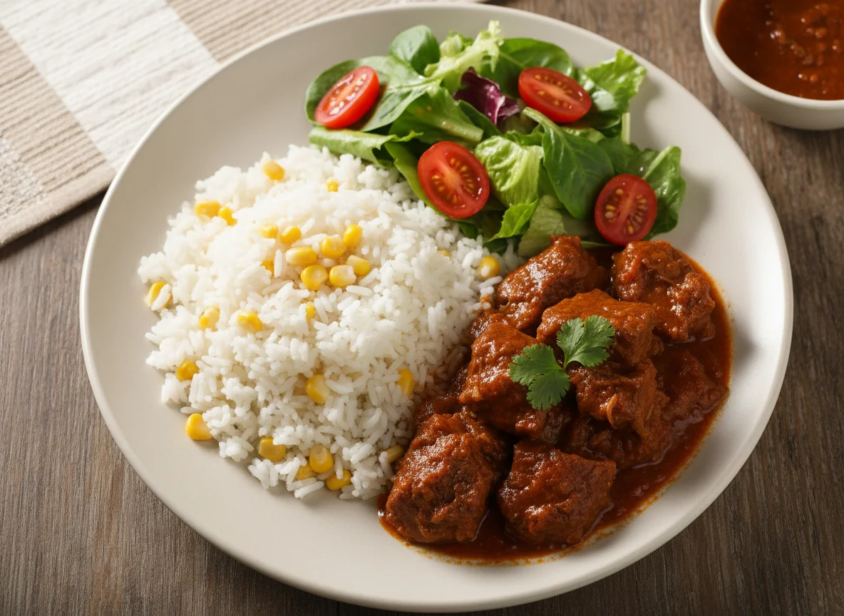 Carne en salsa con arroz y ensalada photo