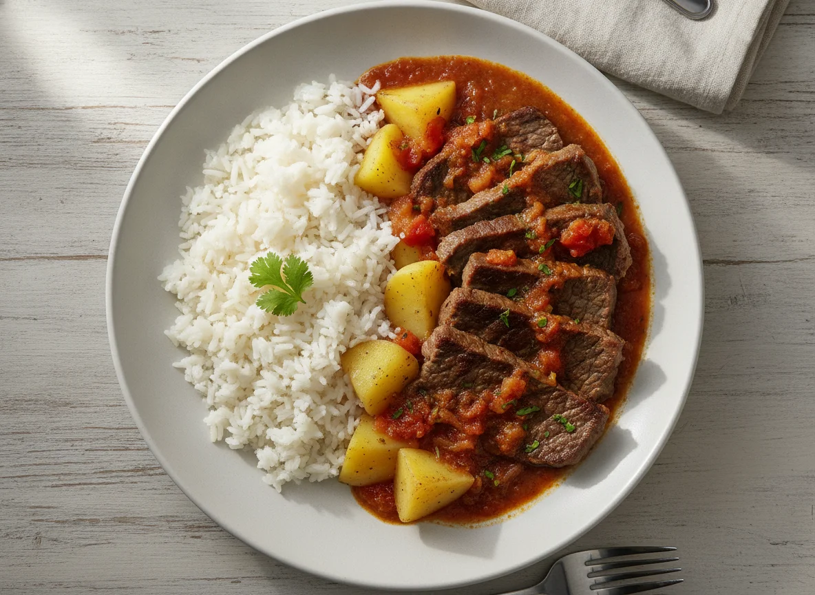 Carne en salsa con arroz y papa photo