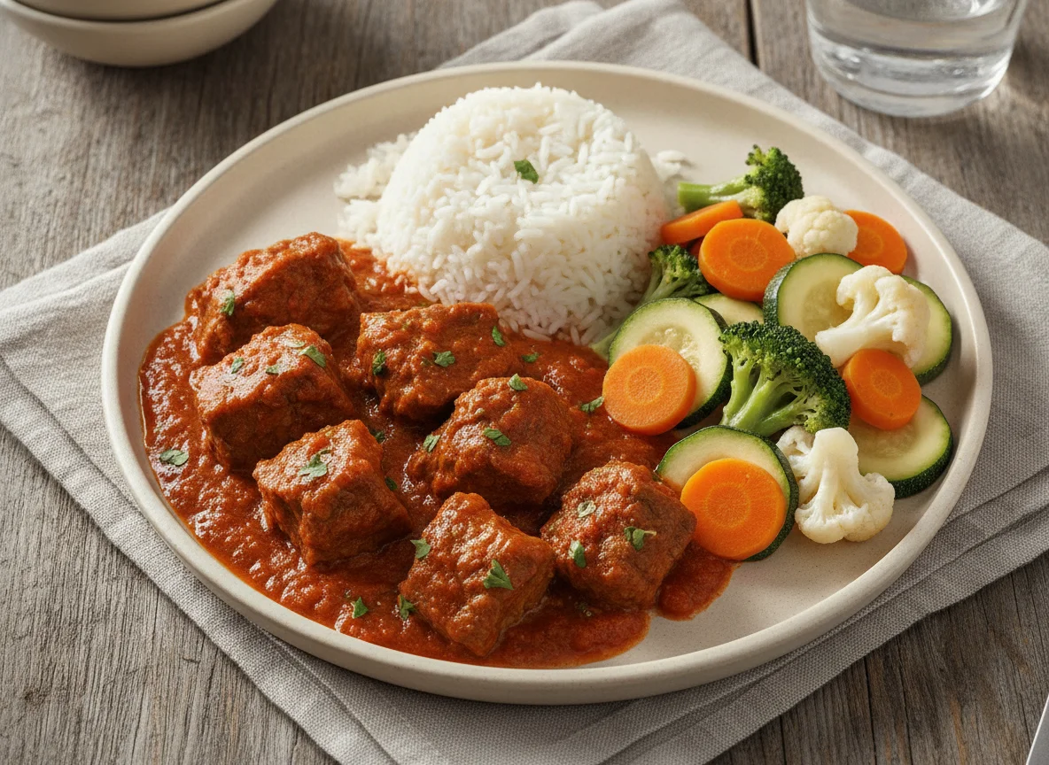Carne en salsa con arroz y vegetales al vapor photo