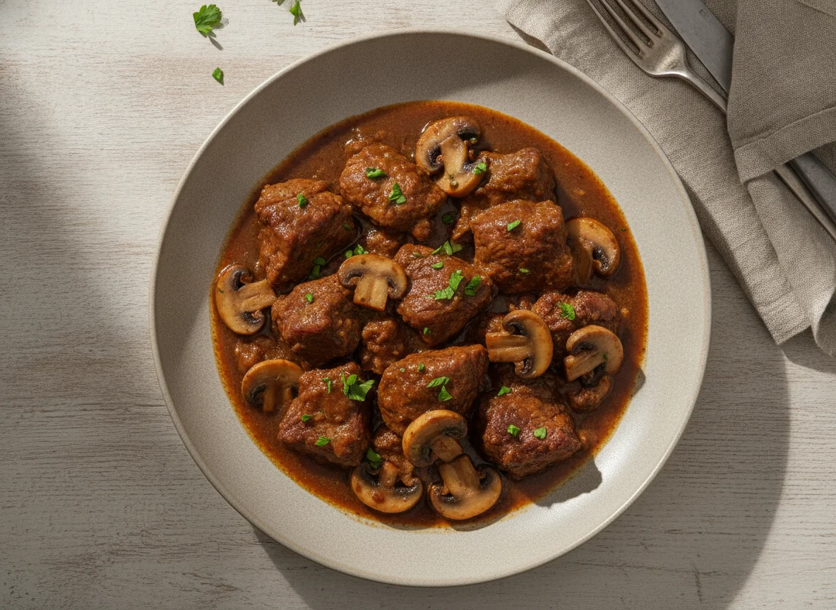 Carne en salsa con champiñones photo