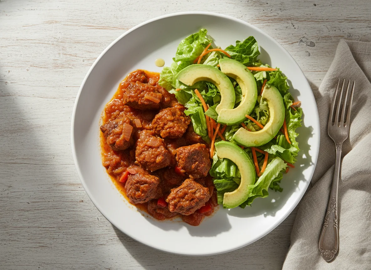 Carne en salsa con ensalada de aguacate photo