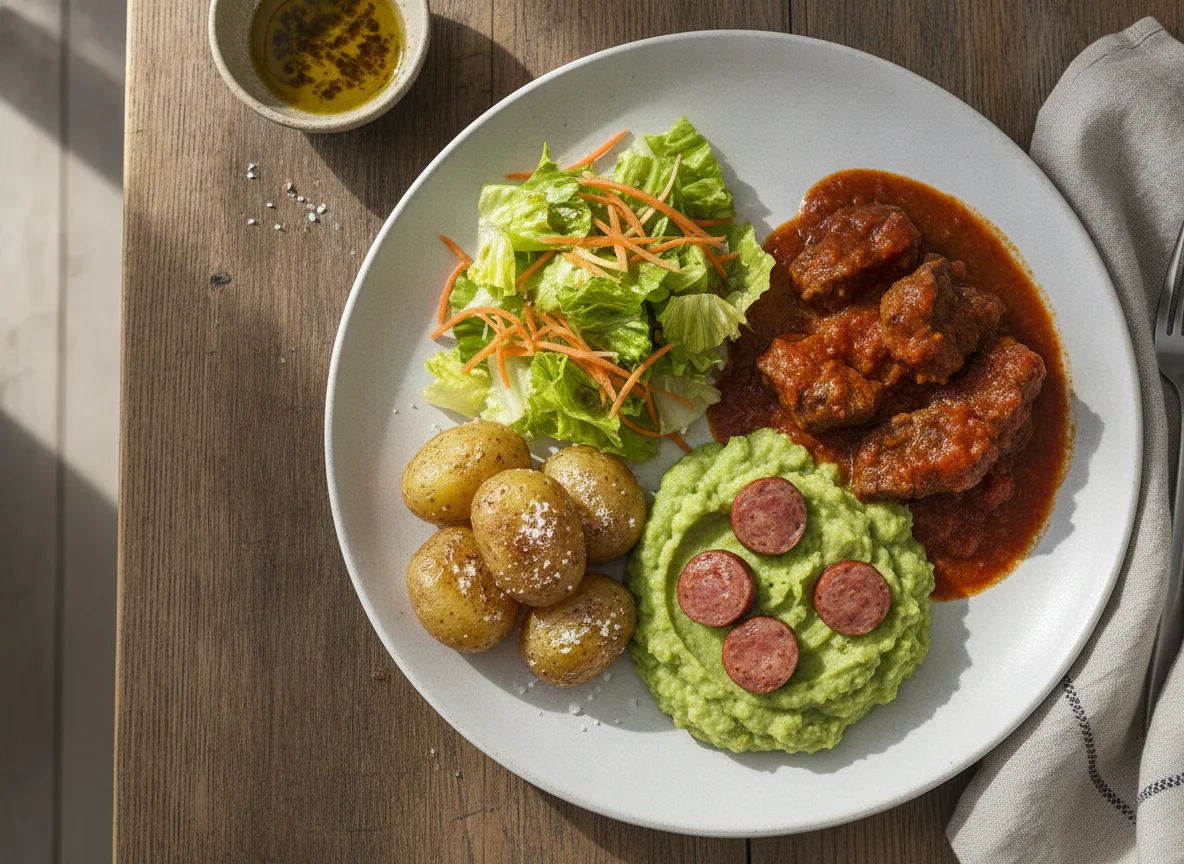Carne en salsa con ensalada, puré de arvejas y papa salada photo