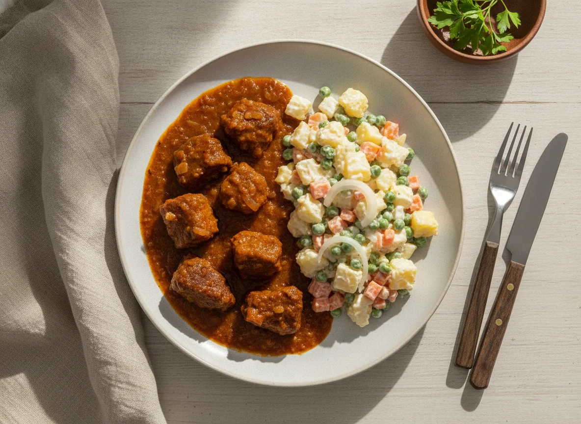 Carne en salsa con ensalada rusa photo