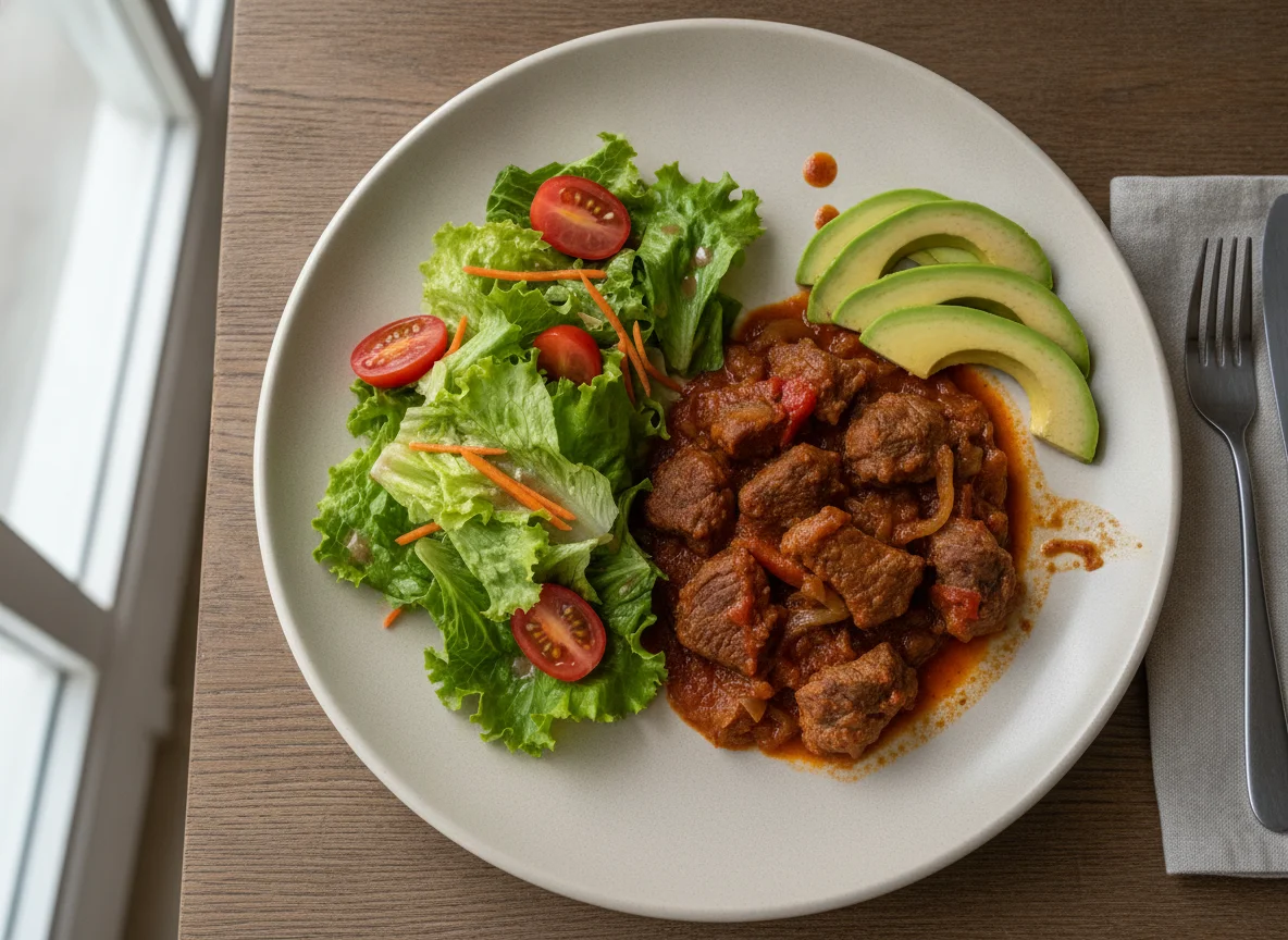 Carne en salsa con ensalada y aguacate photo
