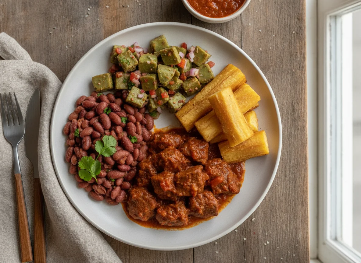 Carne en salsa con frijoles, nopales y yuca photo