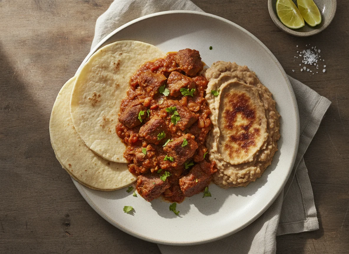 Carne en salsa con frijoles refritos photo