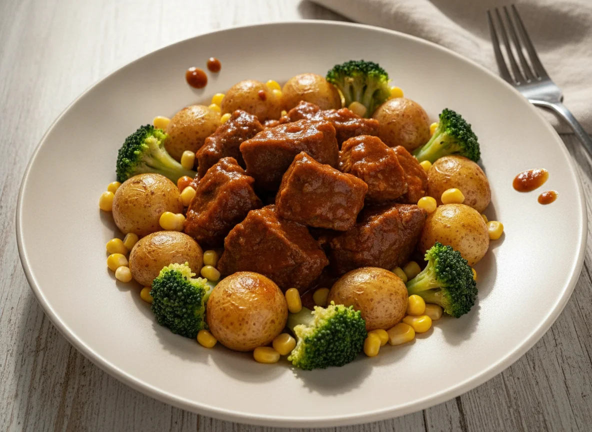 Carne en salsa con papas, elote y brócoli photo
