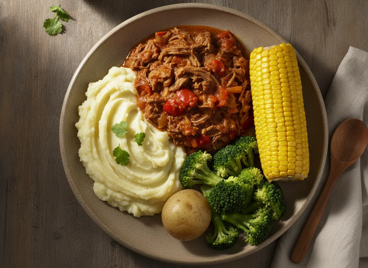 Carne en salsa con puré de papa, elote y brócoli photo