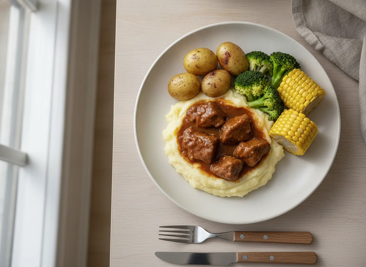 Carne en salsa con puré de papa, vegetales y elote photo