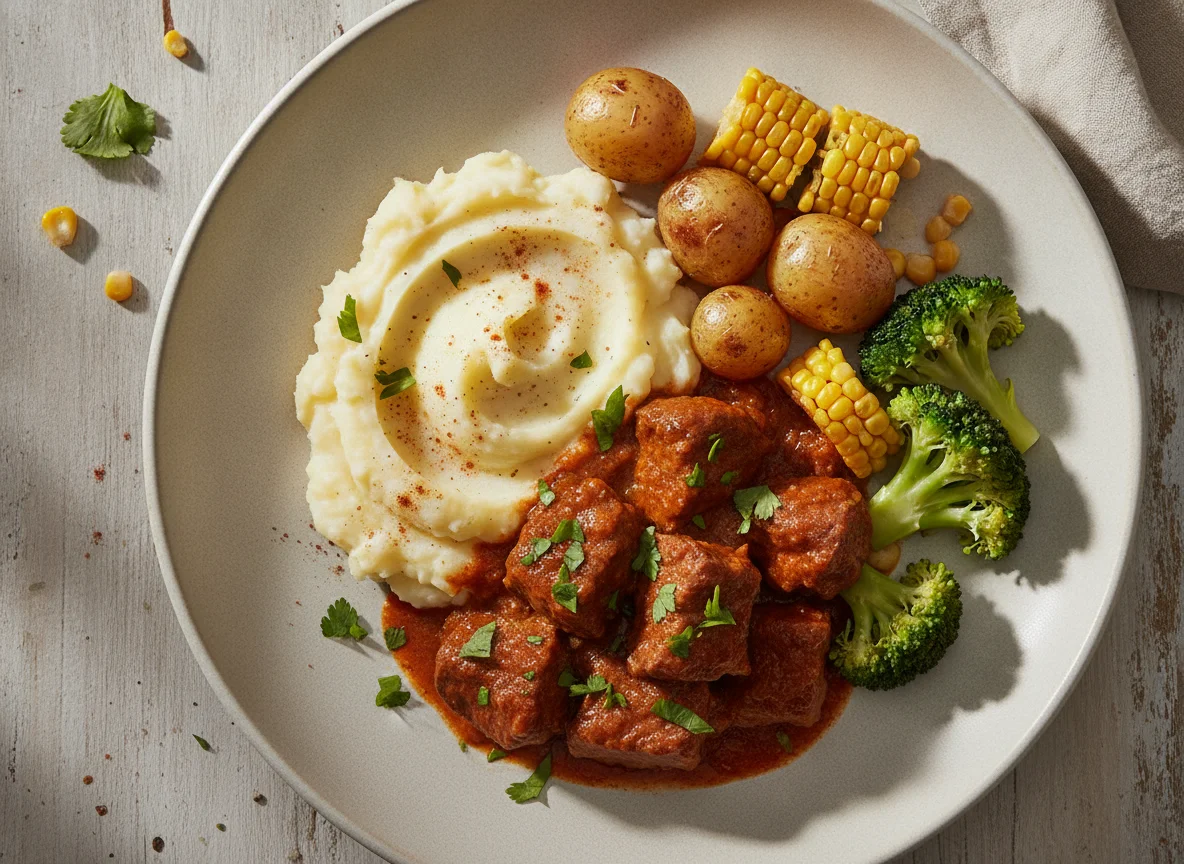 Carne en salsa con puré de papa y vegetales photo
