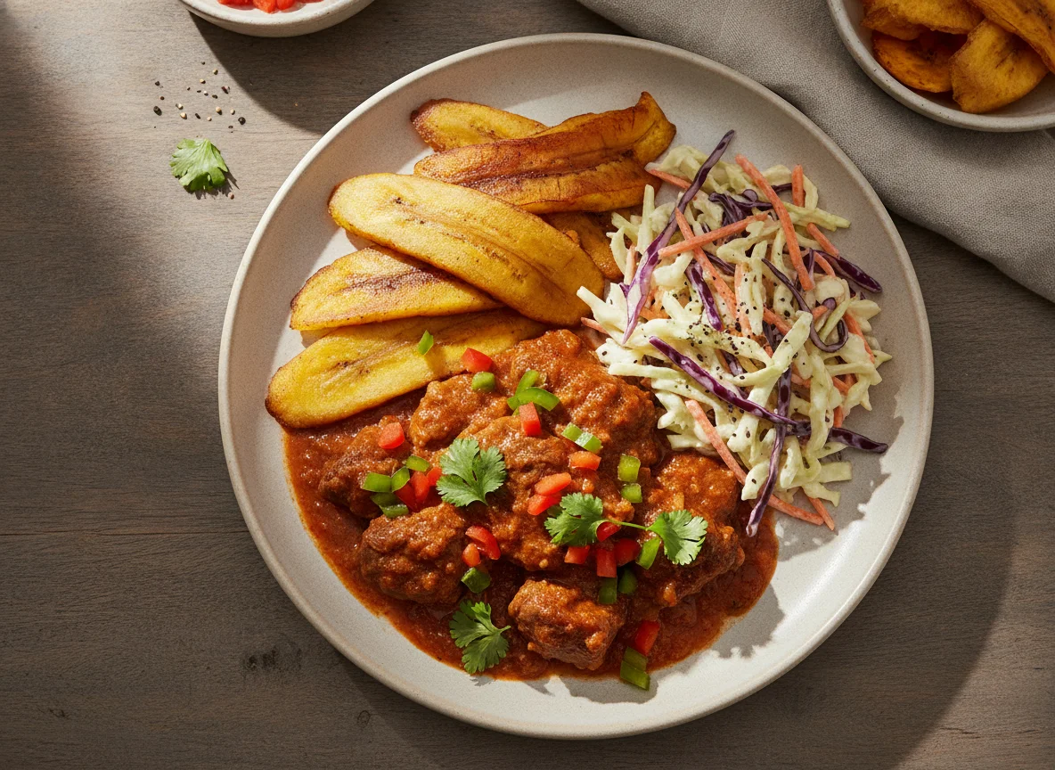 Carne en salsa con tajadas y ensalada de repollo photo
