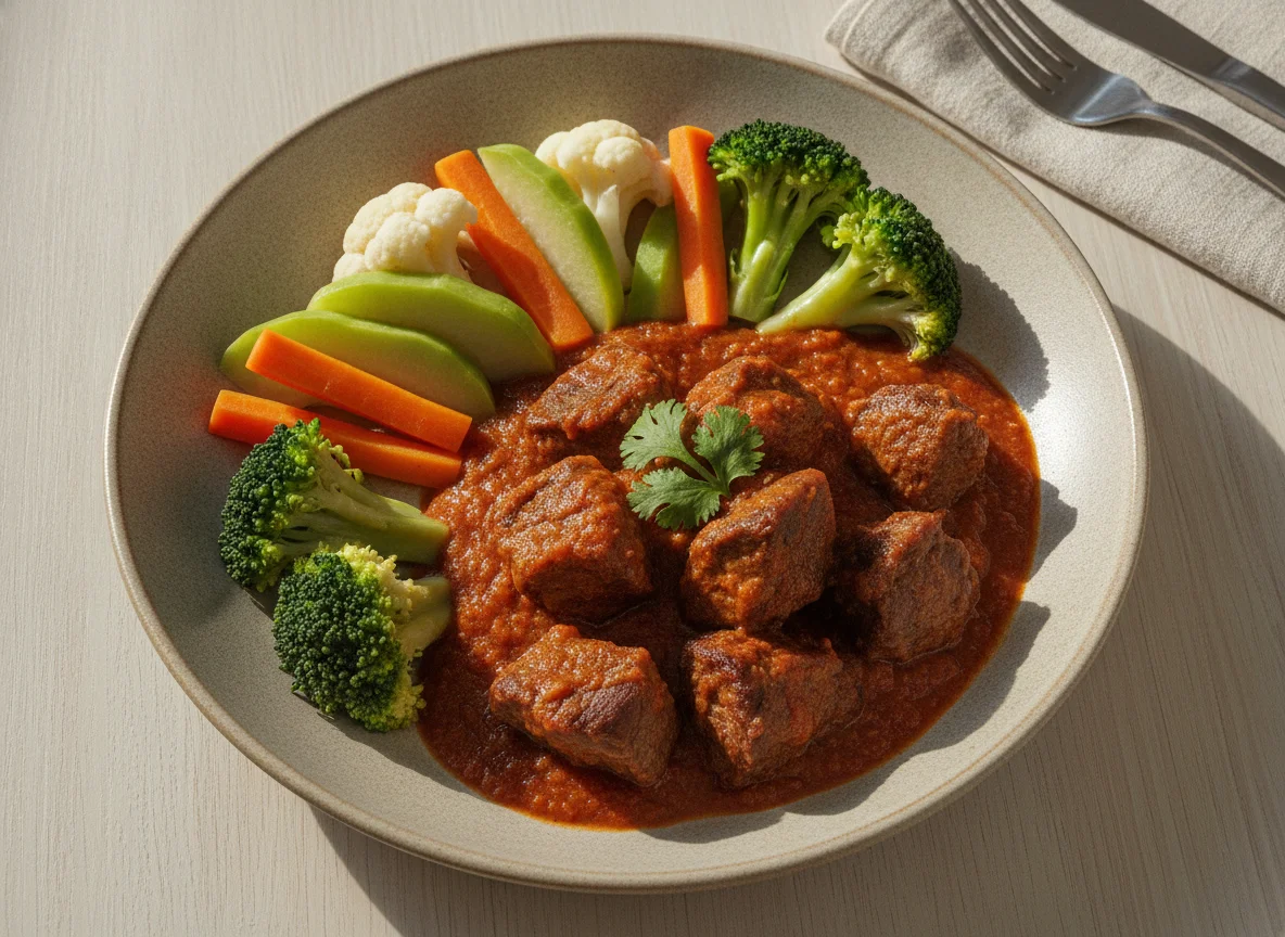Carne en salsa con vegetales al vapor photo