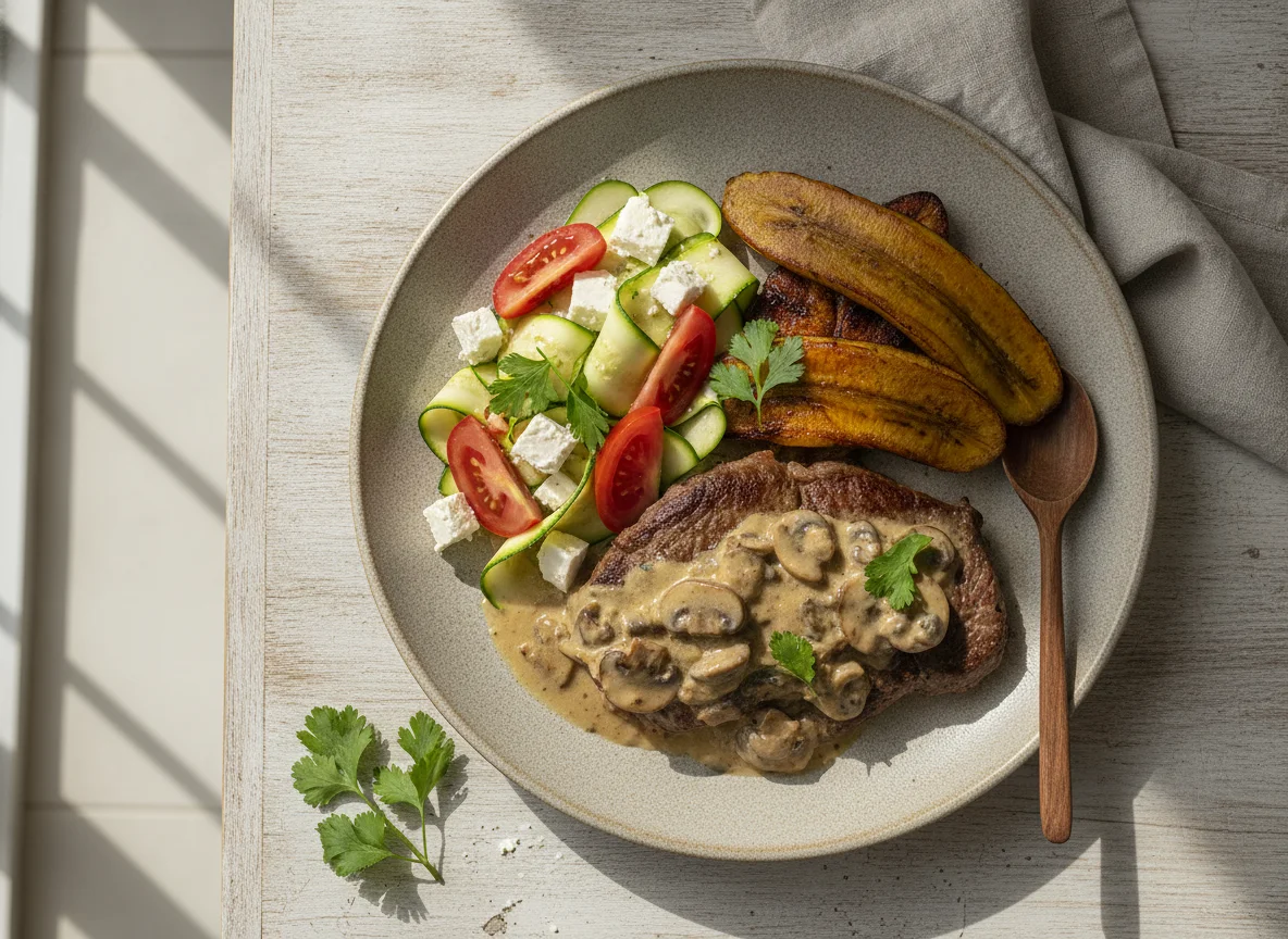 Carne en salsa de champiñones con plátano maduro y ensalada photo