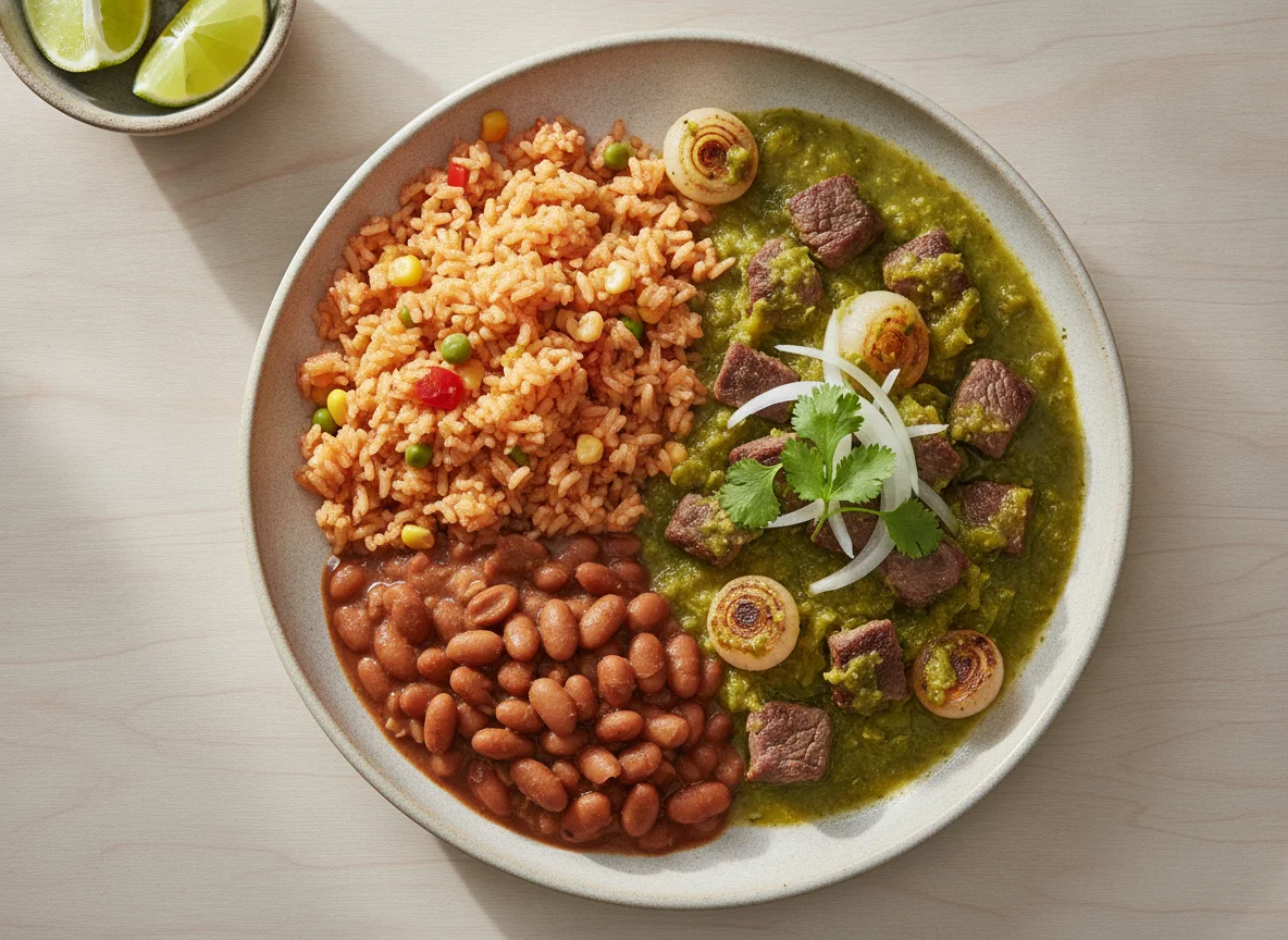 Carne en su jugo con arroz rojo photo