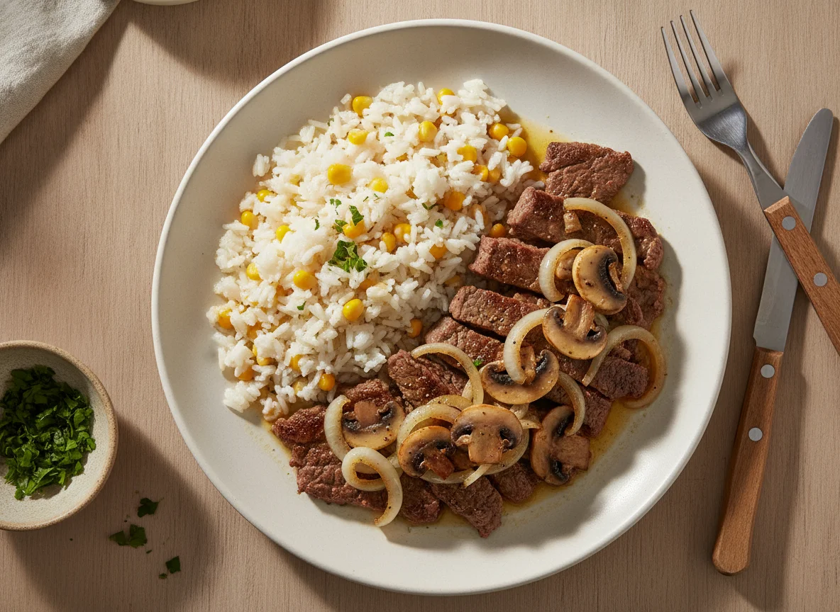 Carne encebollada con champiñones y arroz con maíz photo