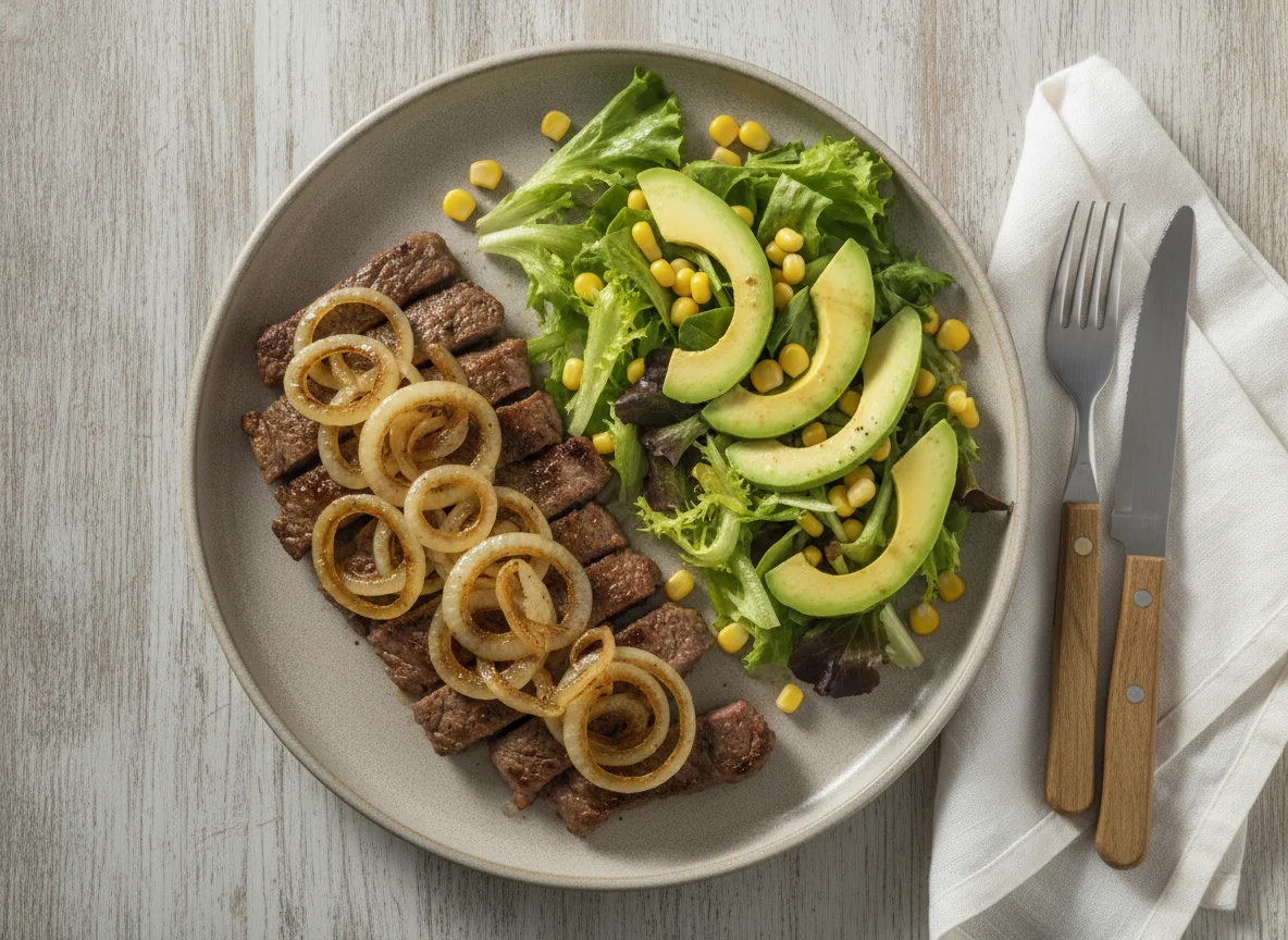 Carne encebollada con ensalada y aguacate photo