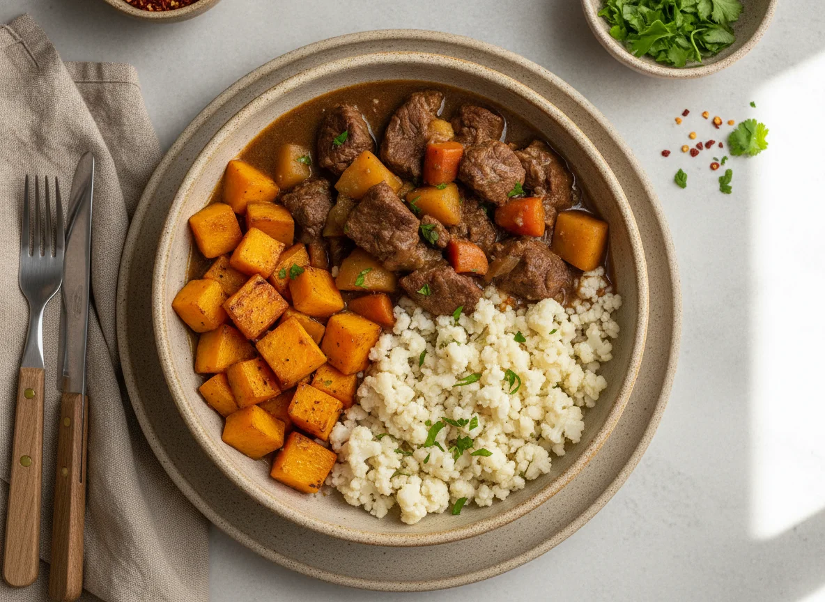 Carne estofada con calabaza asada y coliflor 'arroz' photo