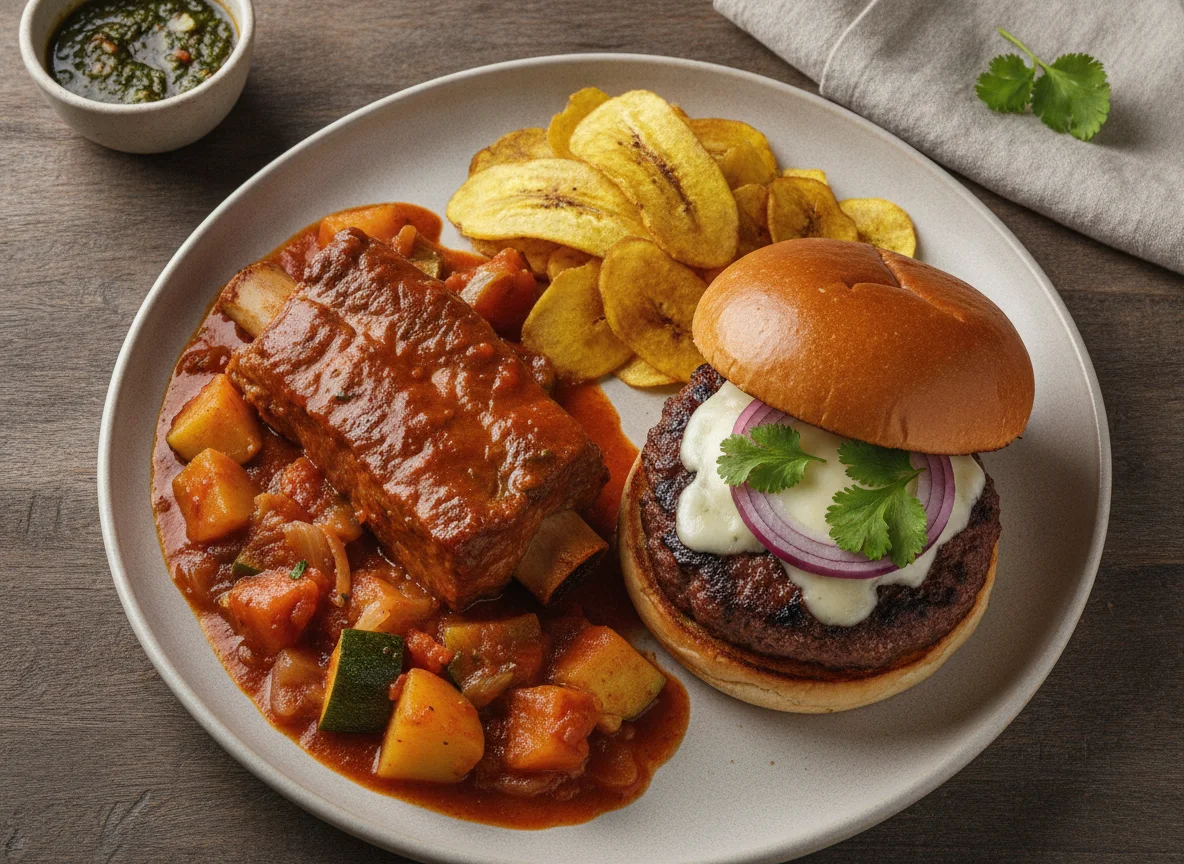 Carne estofada con guarnición y hamburguesa photo