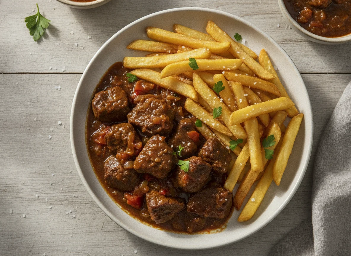 Carne estofada con patatas fritas photo