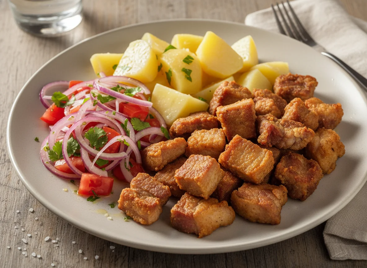 Carne frita con papas y ensalada de cebolla y tomate photo