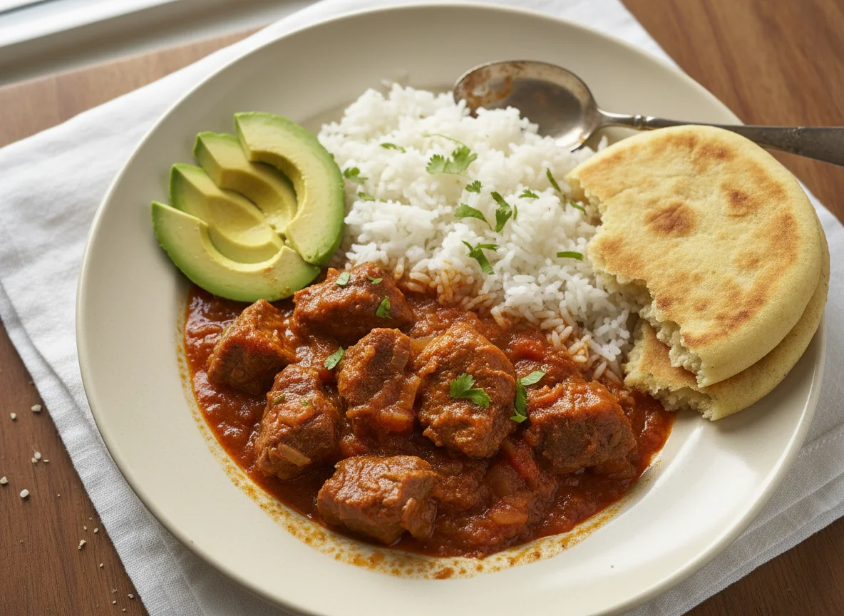 Carne guisada con arroz, aguacate y pan photo