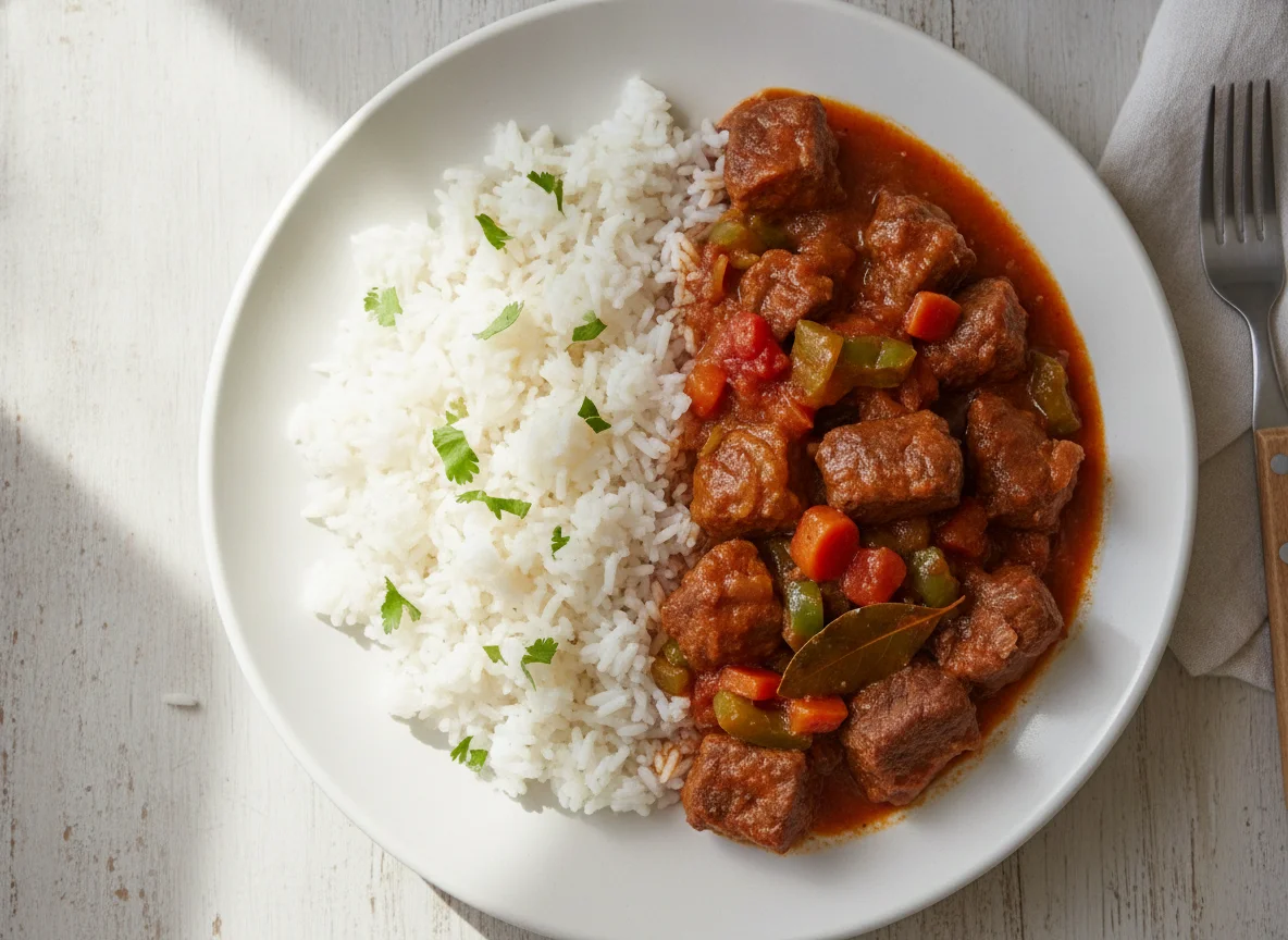 Carne guisada con arroz blanco photo
