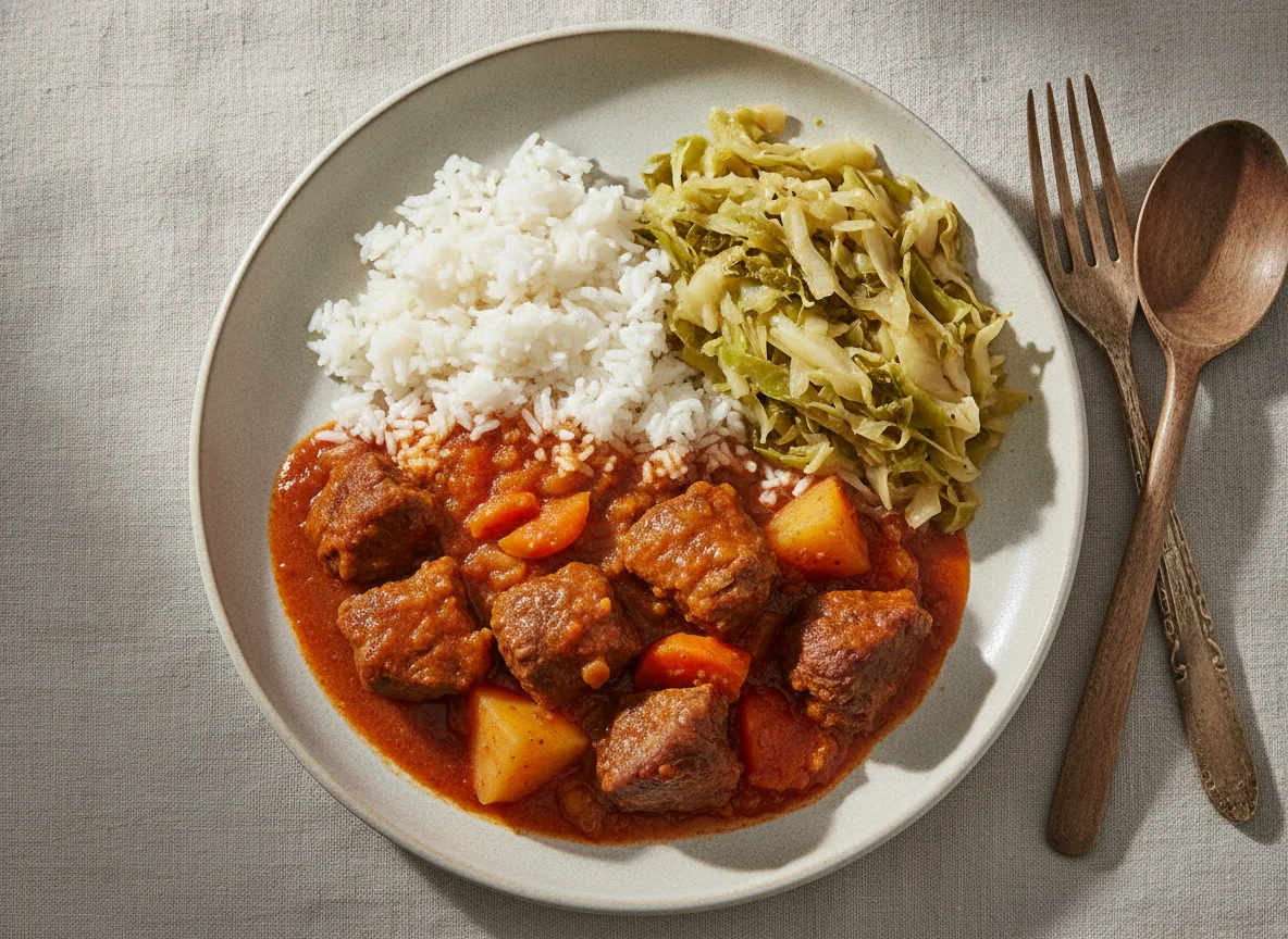 Carne guisada con arroz y ensalada de repollo photo