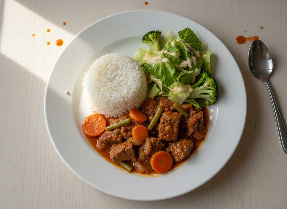 Carne guisada con arroz y ensalada photo
