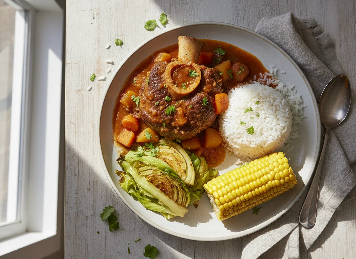 Carne guisada con arroz y mazorca photo