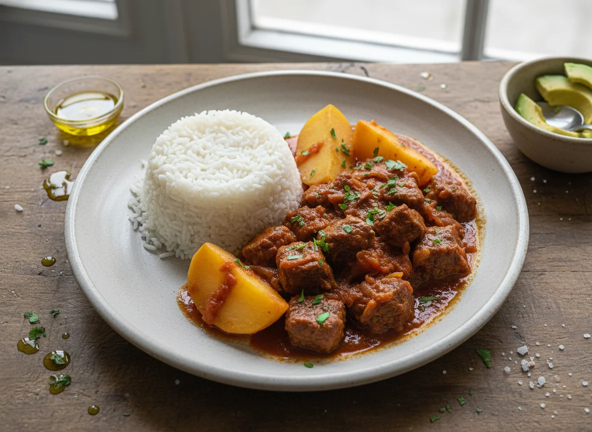 Carne guisada con arroz y patatas photo