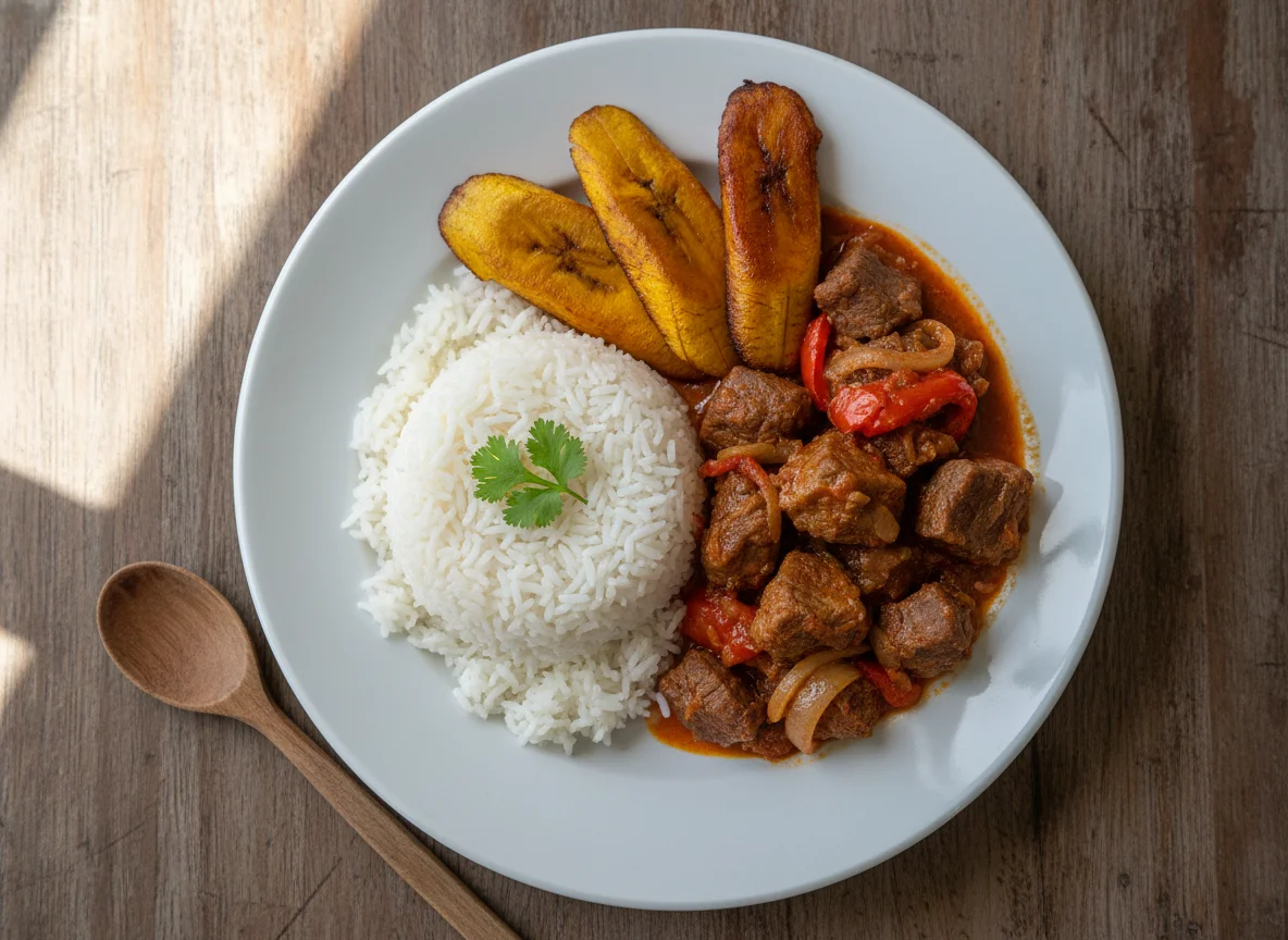 Carne guisada con arroz y plátano maduro frito photo