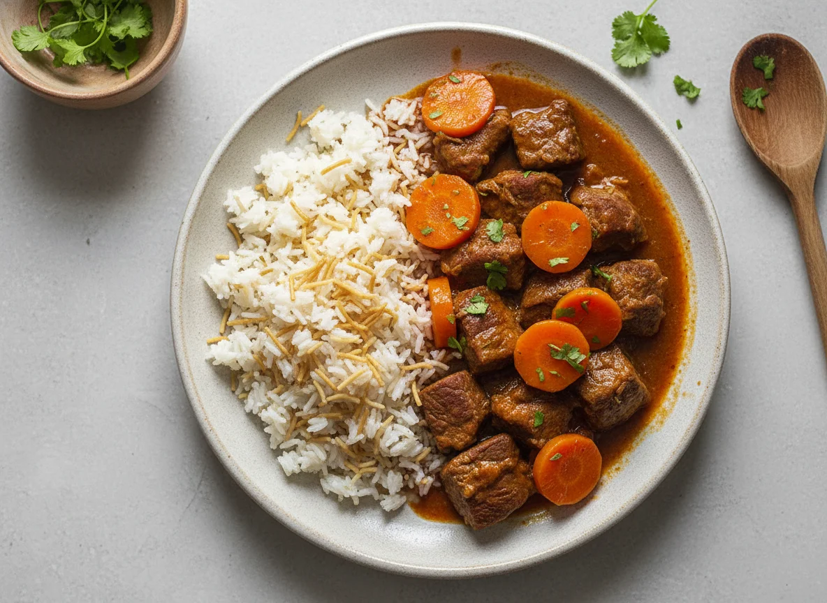 Carne guisada con arroz y zanahoria photo