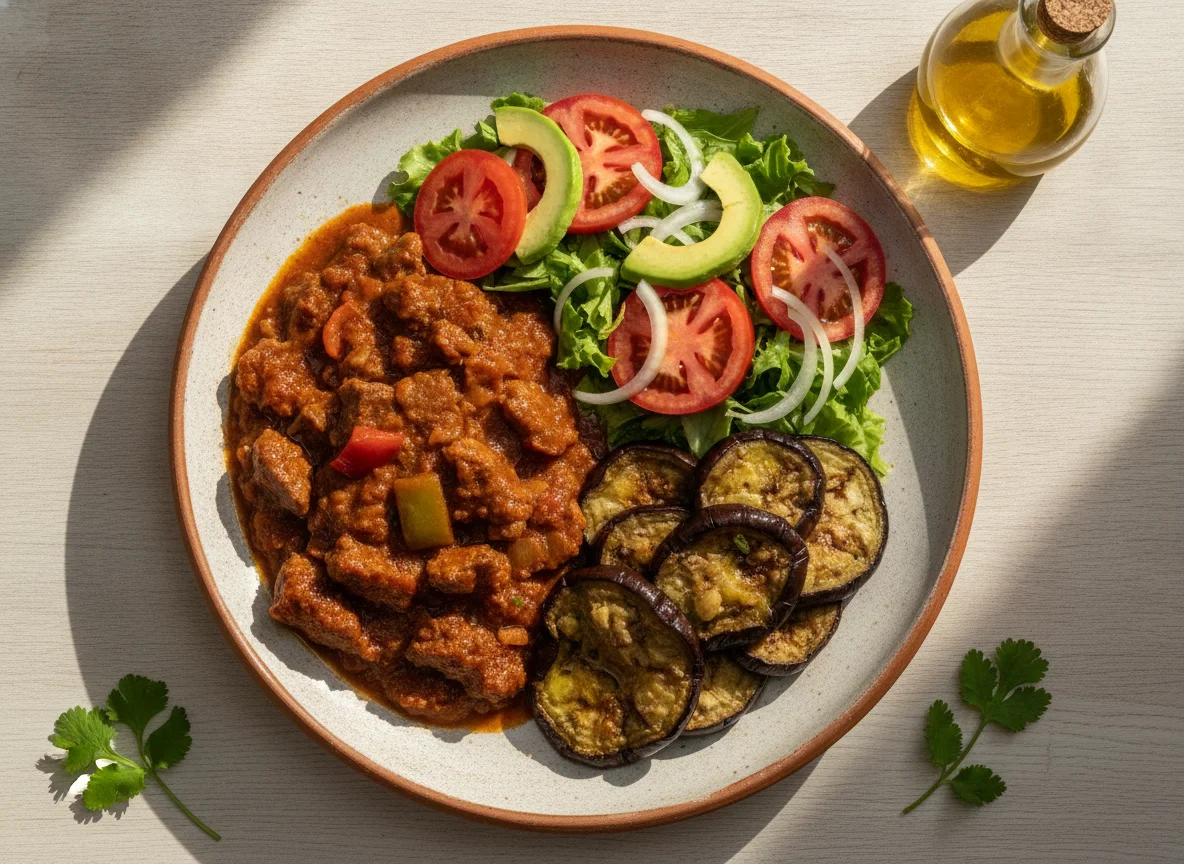 Carne guisada con berenjenas asadas y ensalada fresca photo