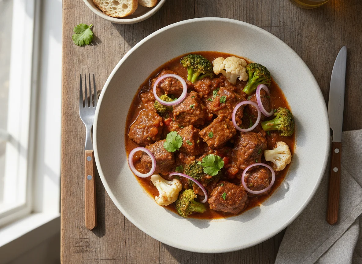 Carne guisada con brócoli, coliflor y cebolla roja photo