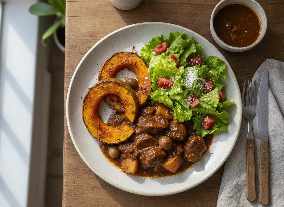 Carne guisada con calabaza y ensalada photo