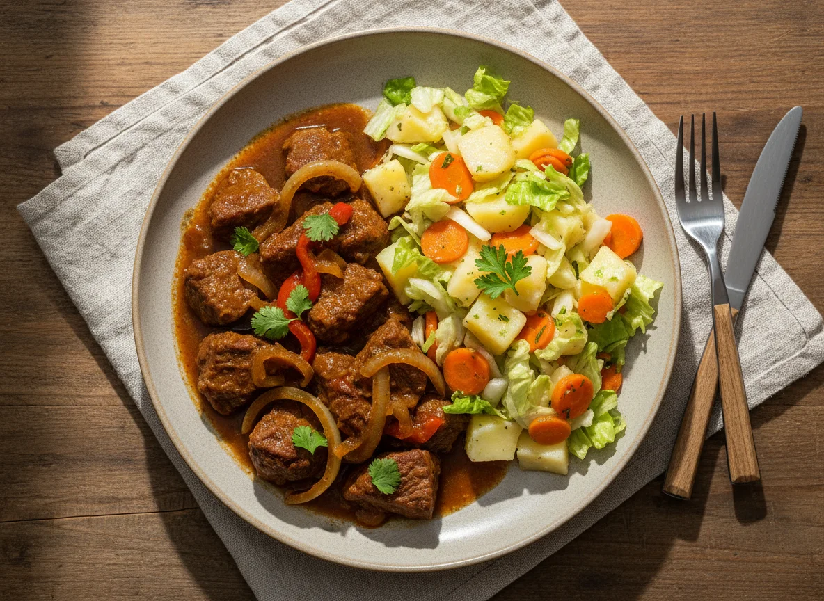 Carne guisada con ensalada de papa y zanahoria photo