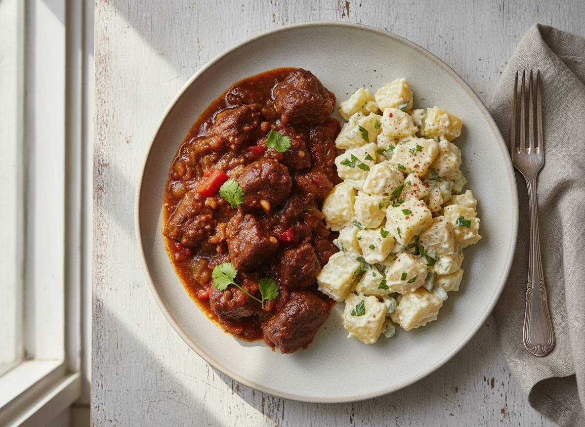 Carne guisada con ensalada de papas photo