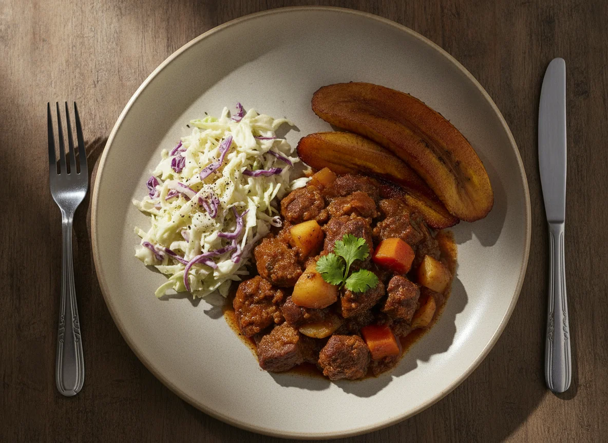 Carne guisada con ensalada de repollo y plátano maduro photo