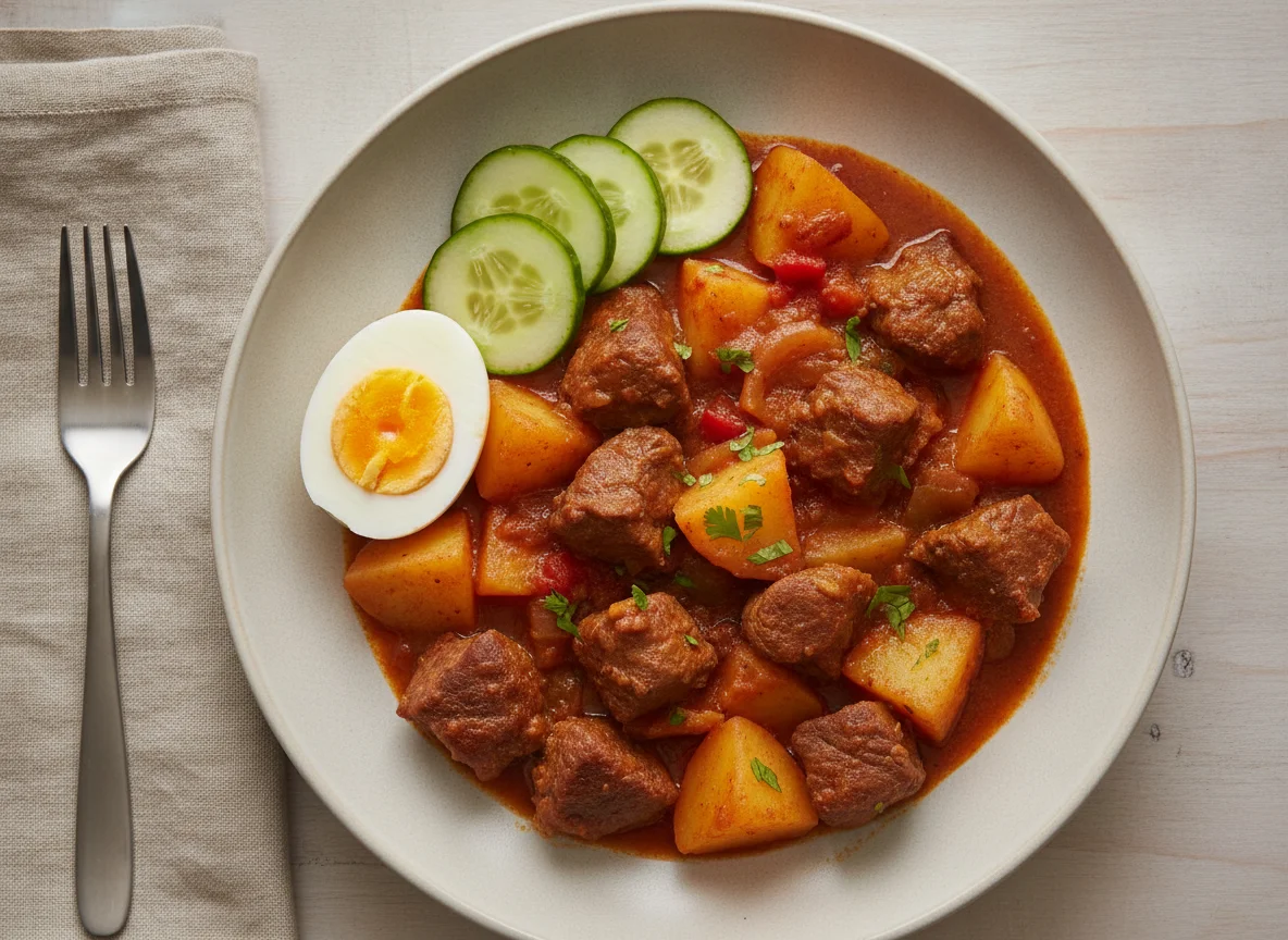 Carne guisada con papas, huevo y pepino photo