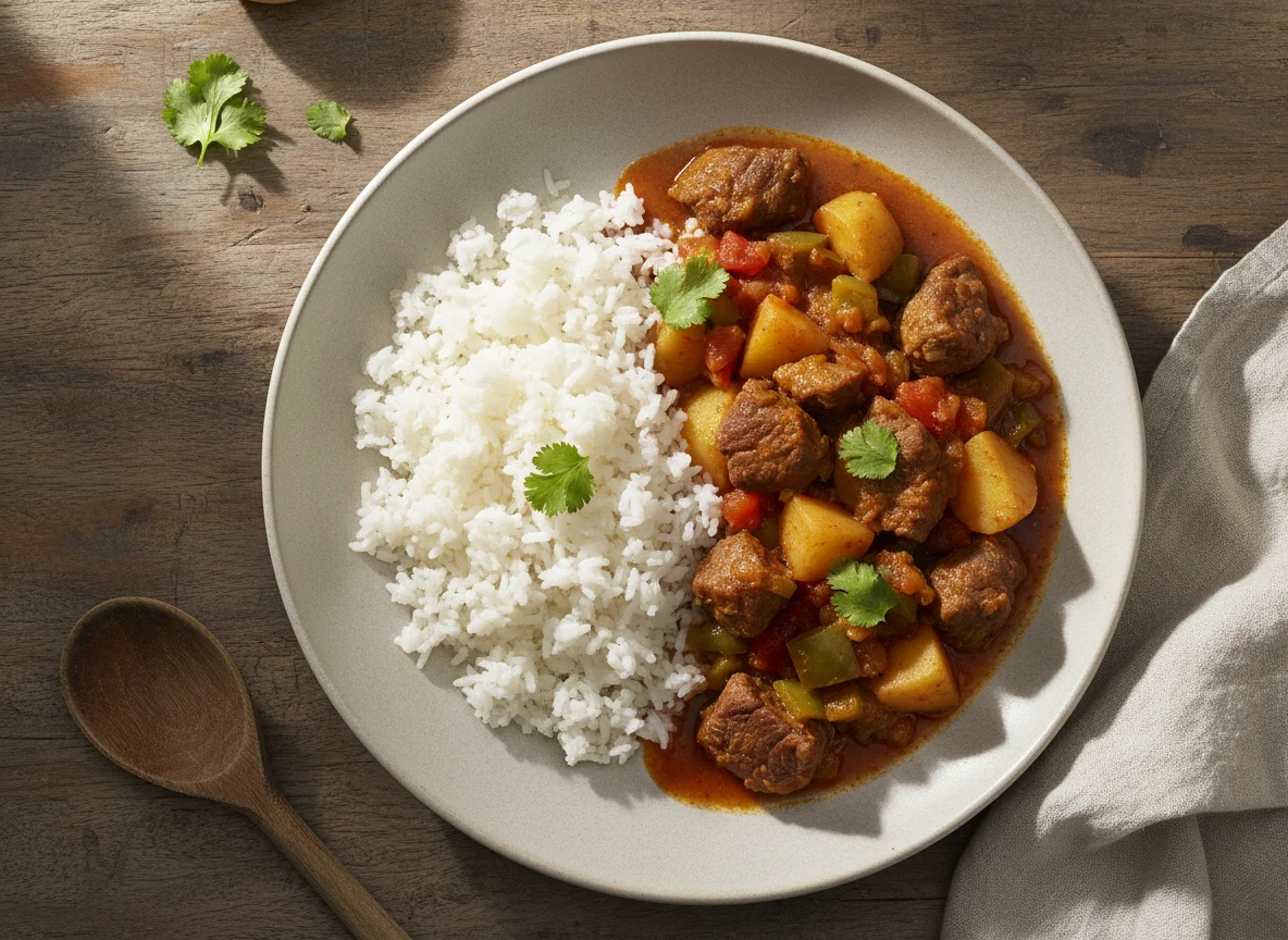 Carne guisada con papas y arroz photo