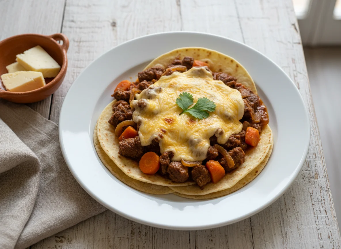 Carne guisada con tortilla y queso photo