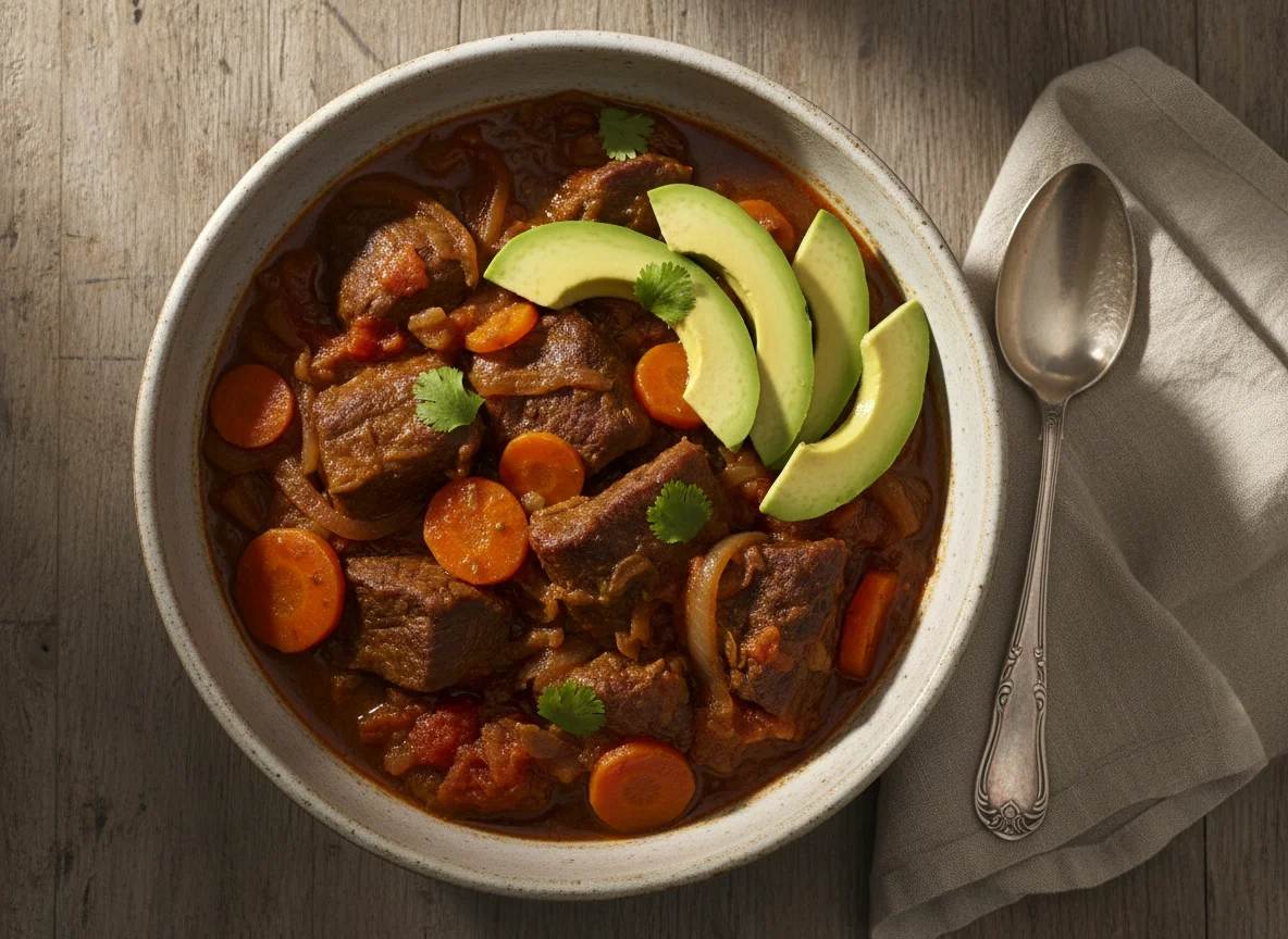 Carne guisada con verduras y palta photo
