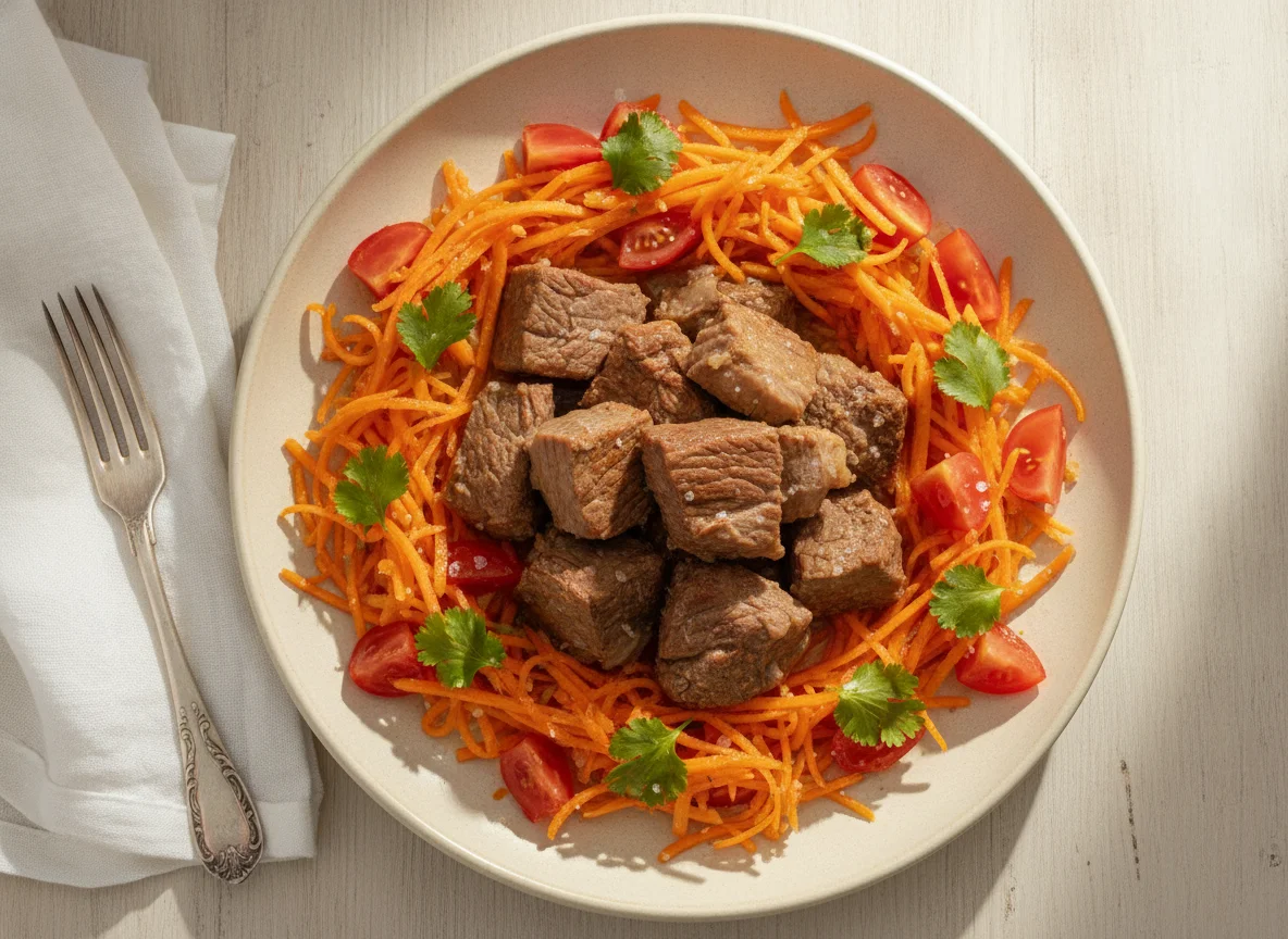Carne hervida con ensalada de zanahoria y tomate photo