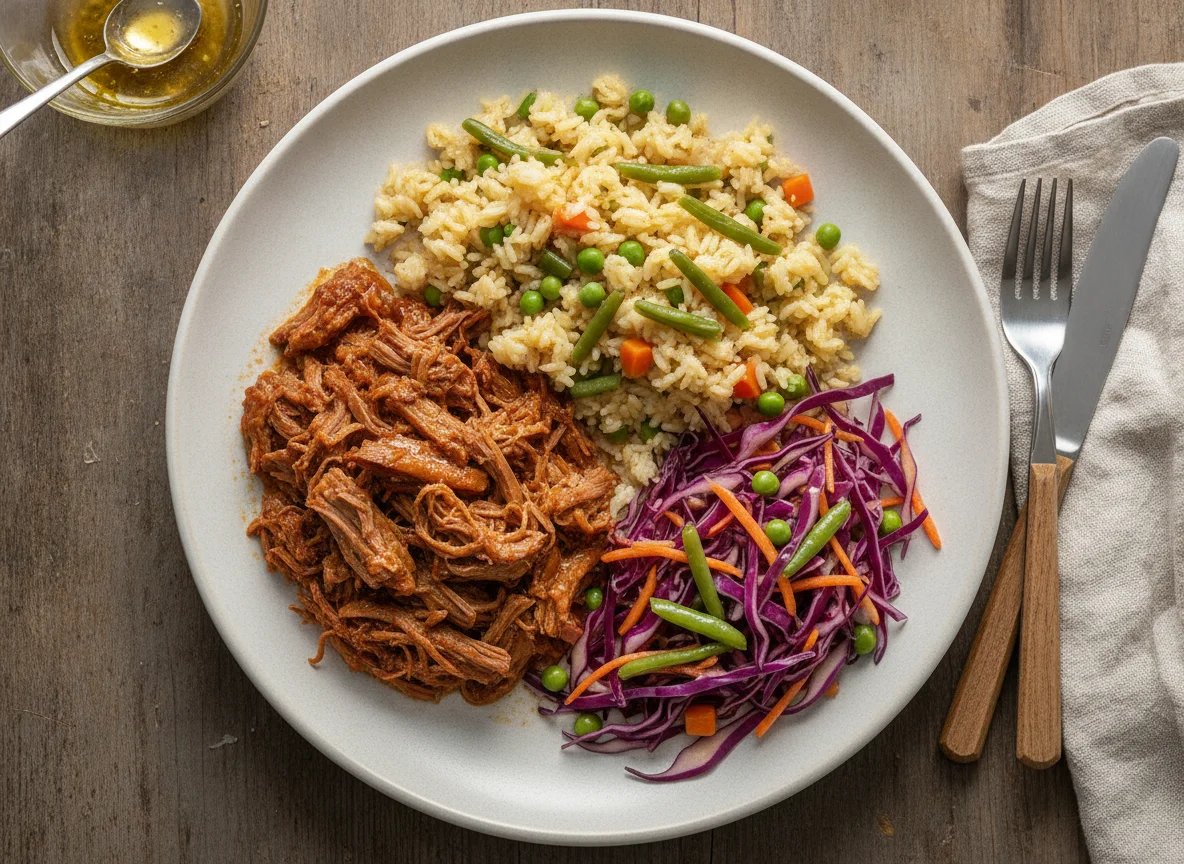 Carne mechada con arroz primavera y ensalada de repollo morado photo